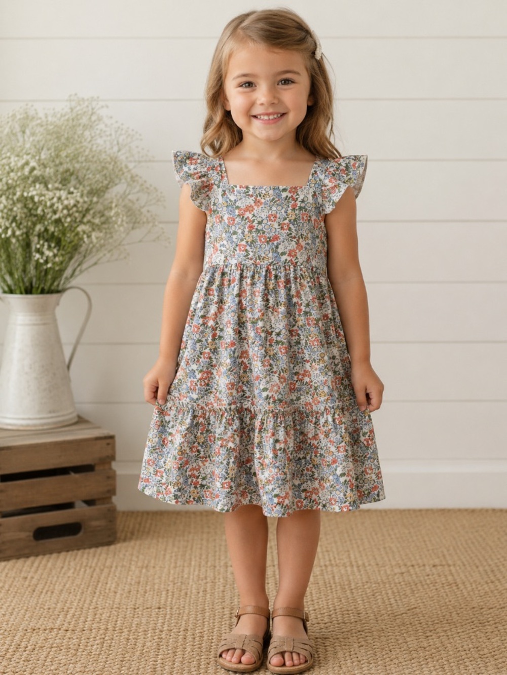 Grace Karin White Floral Sundress with Orange & Blue Flowers Sz 7
